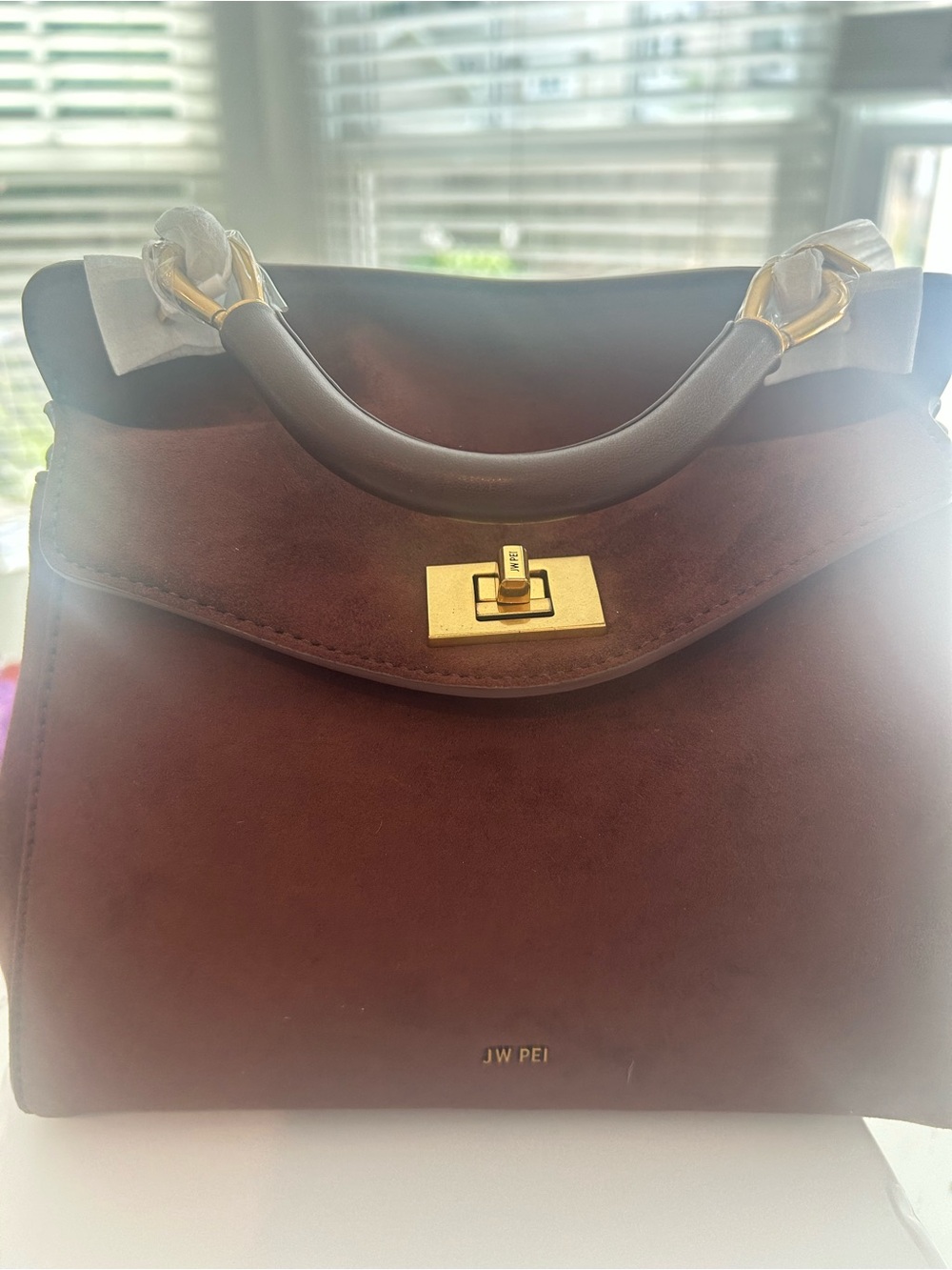 JW PEI Chocolate Brown Suede Top-Handle Satchel with Gold Hardware